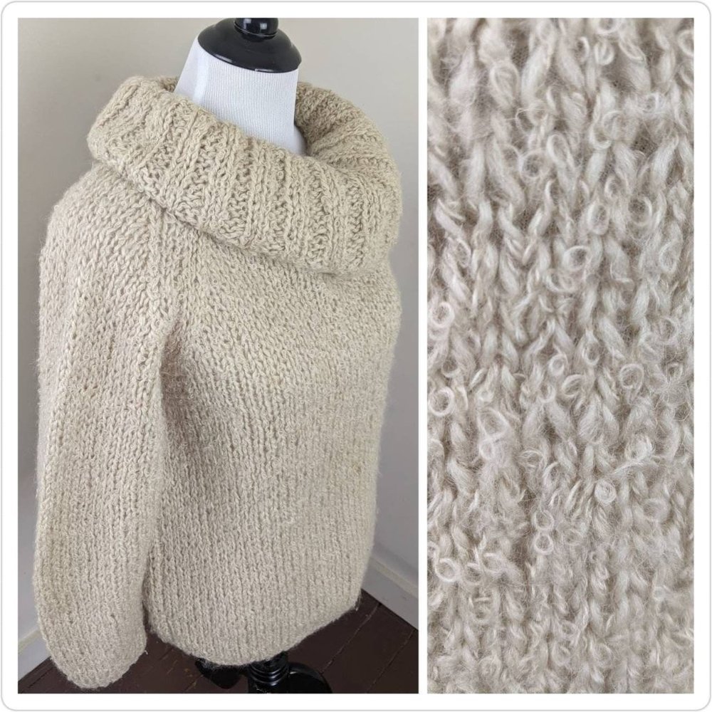 Vtg 70s Off White Boucle Italian Wool Rolled Cowl Neck Collar Knit Sweater